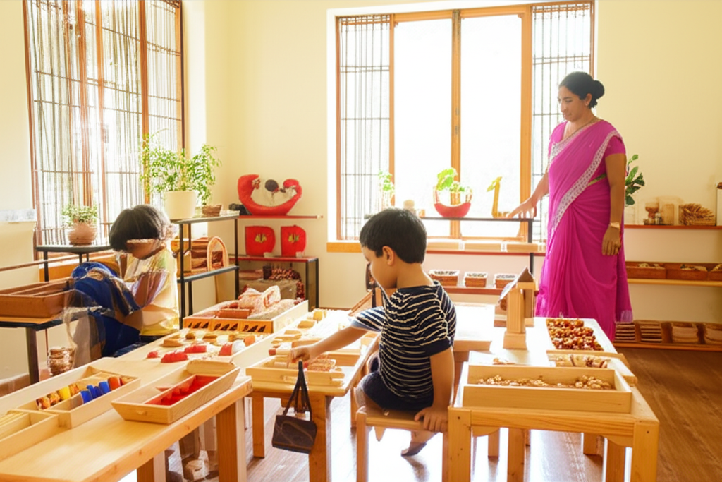 A Montessori teacher guiding a child