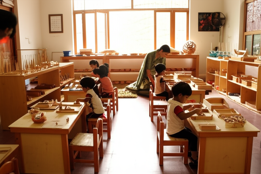 A Montessori teacher working with children at desks