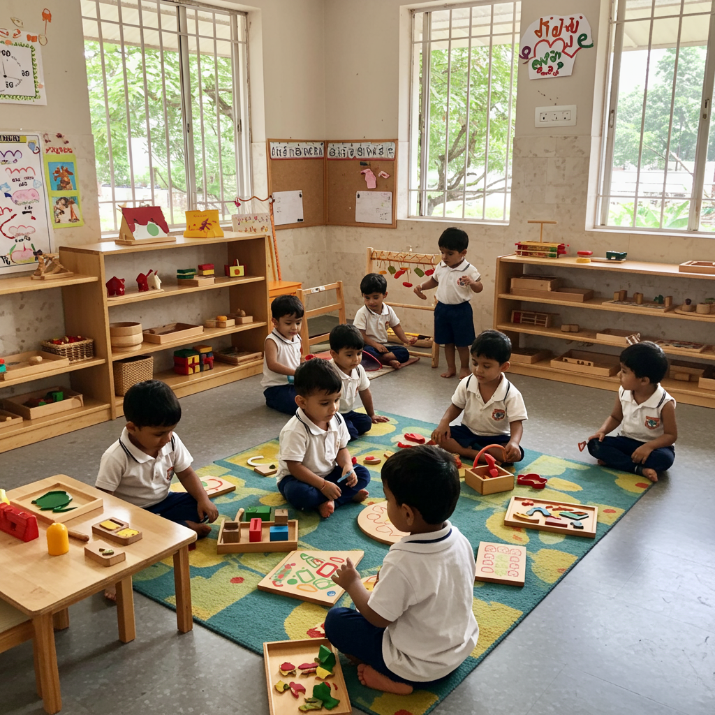 Montessori children working on floor mats