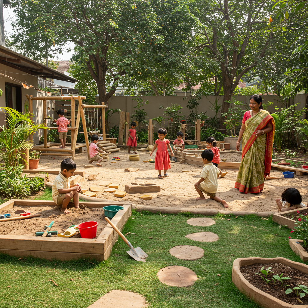 Children playing in an outdoor sandbox with a teacher