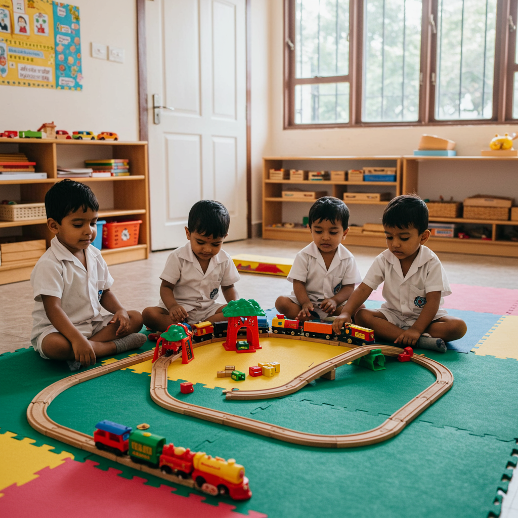 Children playing with a wooden toy train