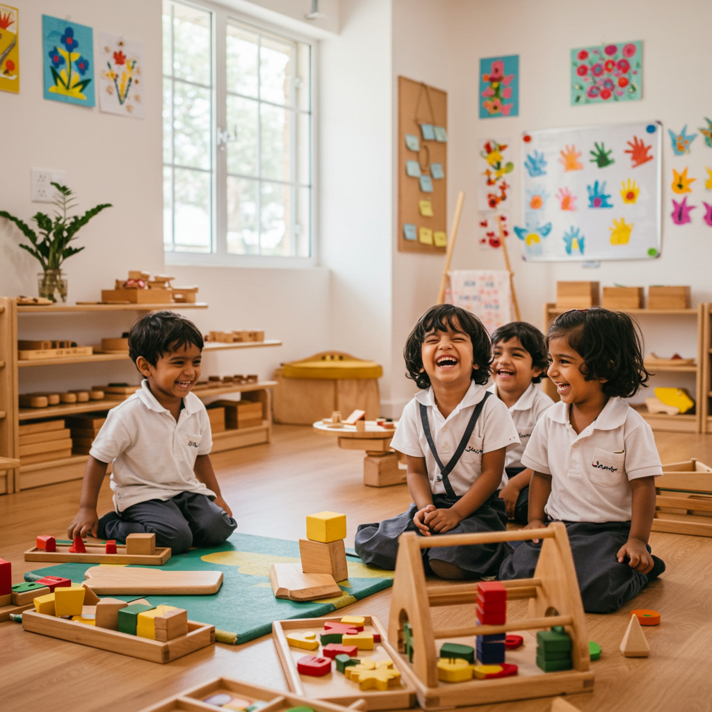 Montessori classroom with laughing children
